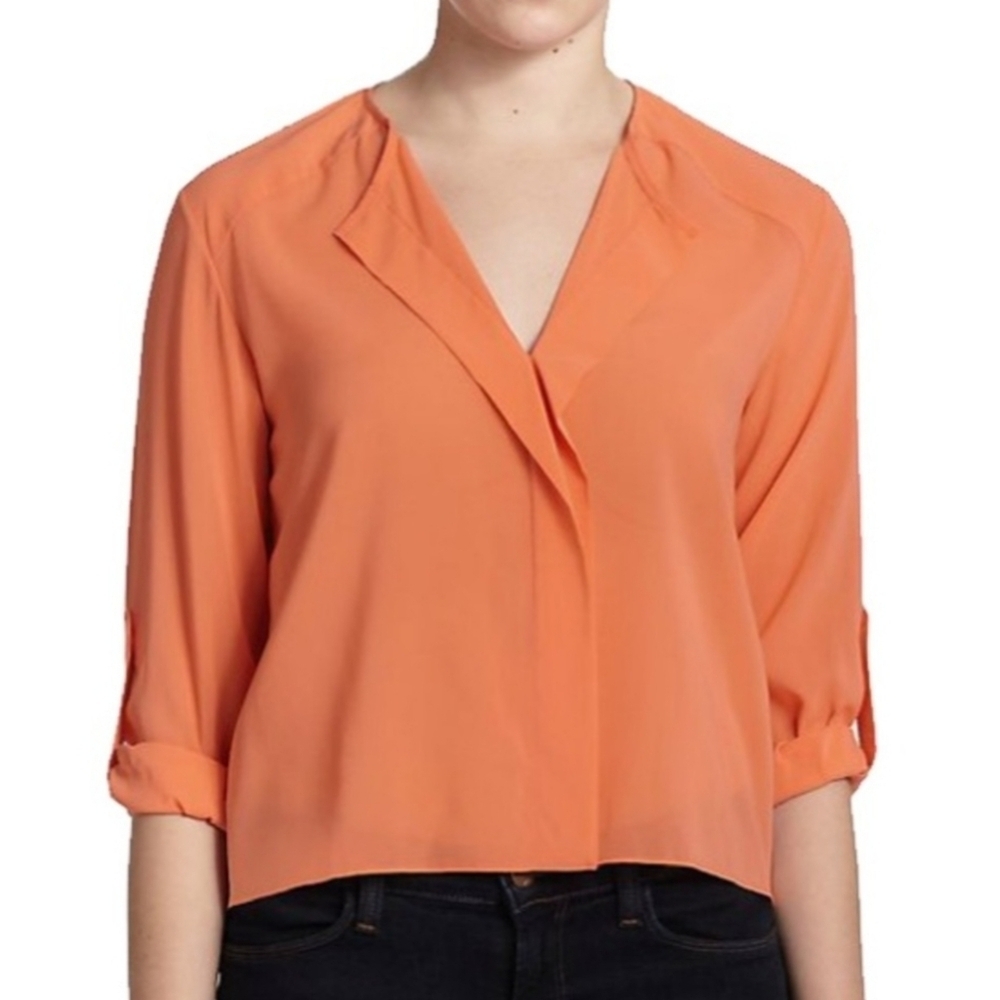 Alice + Olivia Silk V-Neck Orange Sherbet Roll-Tab Sleeve Career Office Top